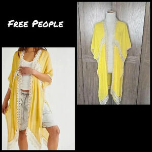 Free People Sundial Crochet Kimono Open Coverup Top Yellow One Size